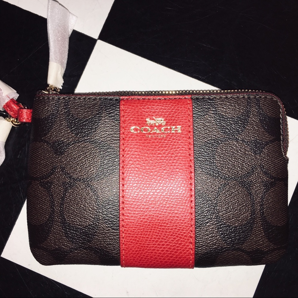 NEW Coach Red & Brown Logo Wristlet Purse Bag